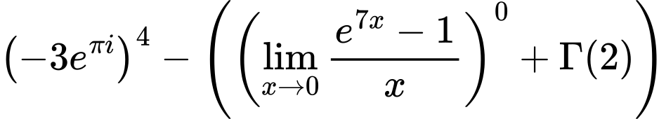 LaTeX Equation: \left({{-3e^{\pi i}}}\right)^{4} - \left({{ \left({{\lim_{x \to 0}{ {e^{7x} - 1} \over {x} }}}\right)^{0} + {{\Gamma (2)}}}}\right)