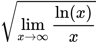 LaTeX Equation: {\sqrt{{\lim_{x \to \infty}{ \ln(x) \over {x} }}}}