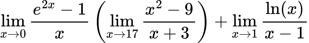 LaTeX Equation: {{\lim_{x \to 0}{ {e^{2x} - 1} \over {x} }} \left({{\lim_{x \to 17} {{x^2 - 9} \over {x + 3}}}}\right) + {\lim_{x \to 1}  { {\ln(x)} \over {x - 1} }}}