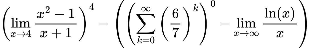 LaTeX Equation: \left({{\lim_{x \to 4} {{x^2 - 1} \over {x + 1}}}}\right)^{4} - \left({{ \left({{\sum\limits_{k=0}^\infty {\left({6 \over {7}}\right)^{k}}}}\right)^{0} - {{\lim_{x \to \infty}{ \ln(x) \over {x} }}}}}\right)